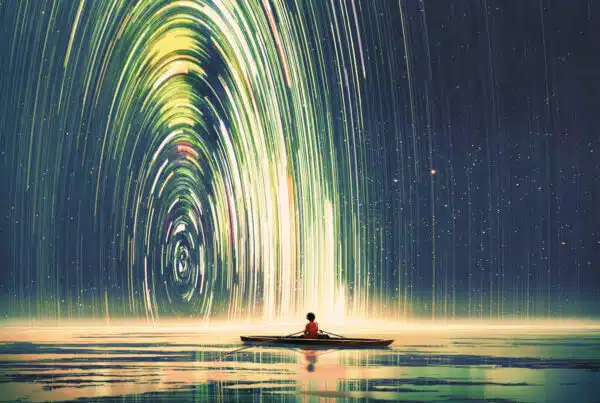 boy rowing a boat in the sea of the starry night with mysterious
