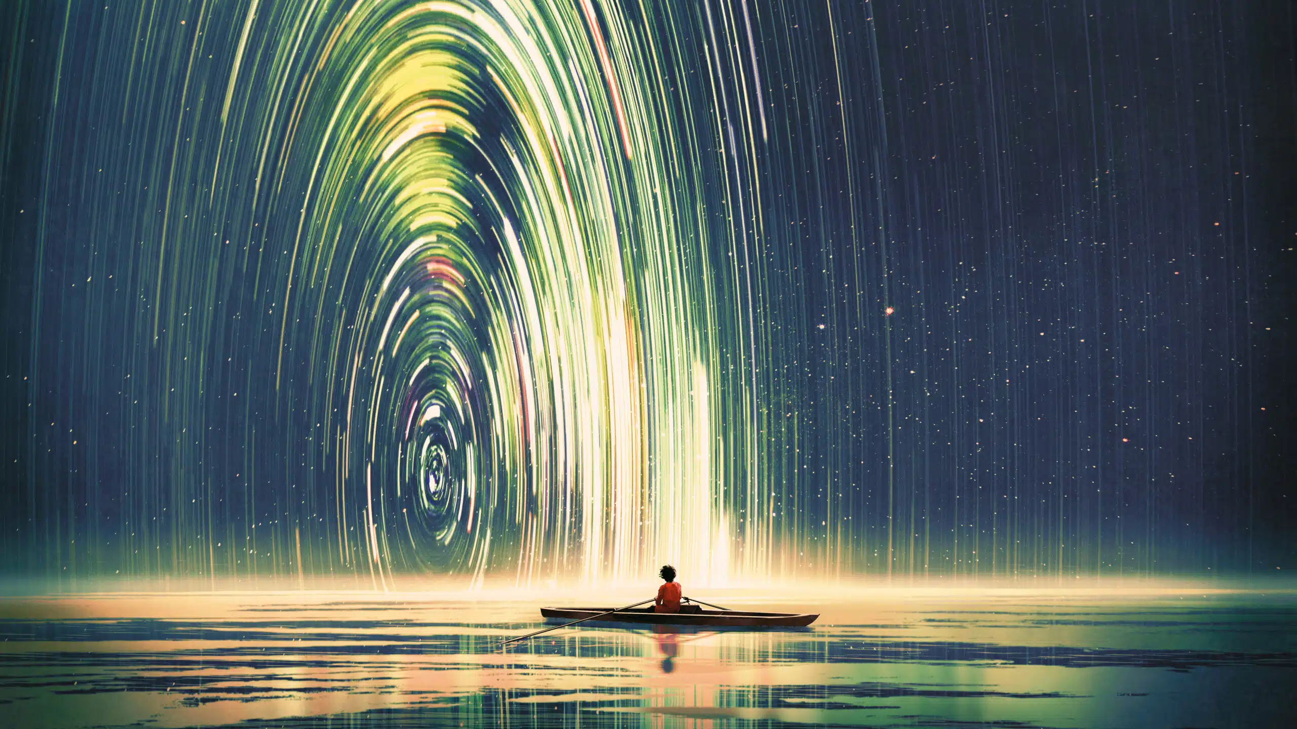 boy rowing a boat in the sea of the starry night with mysterious