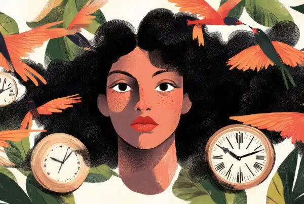 Creative illustration of woman with birds and clocks symbolizing time mindfulness and mental health awareness